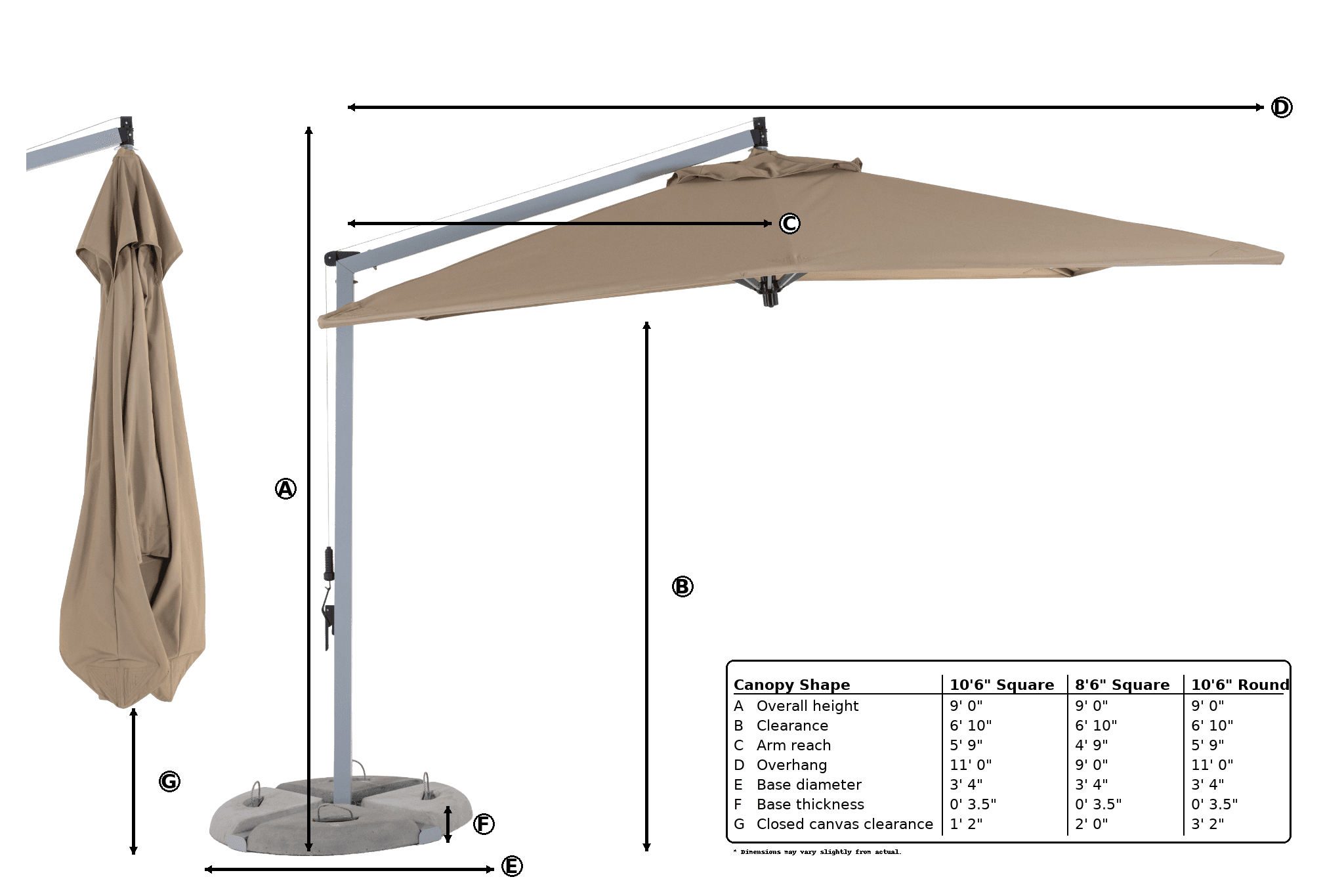 Cantilever umbrella open and closed dimension diagram